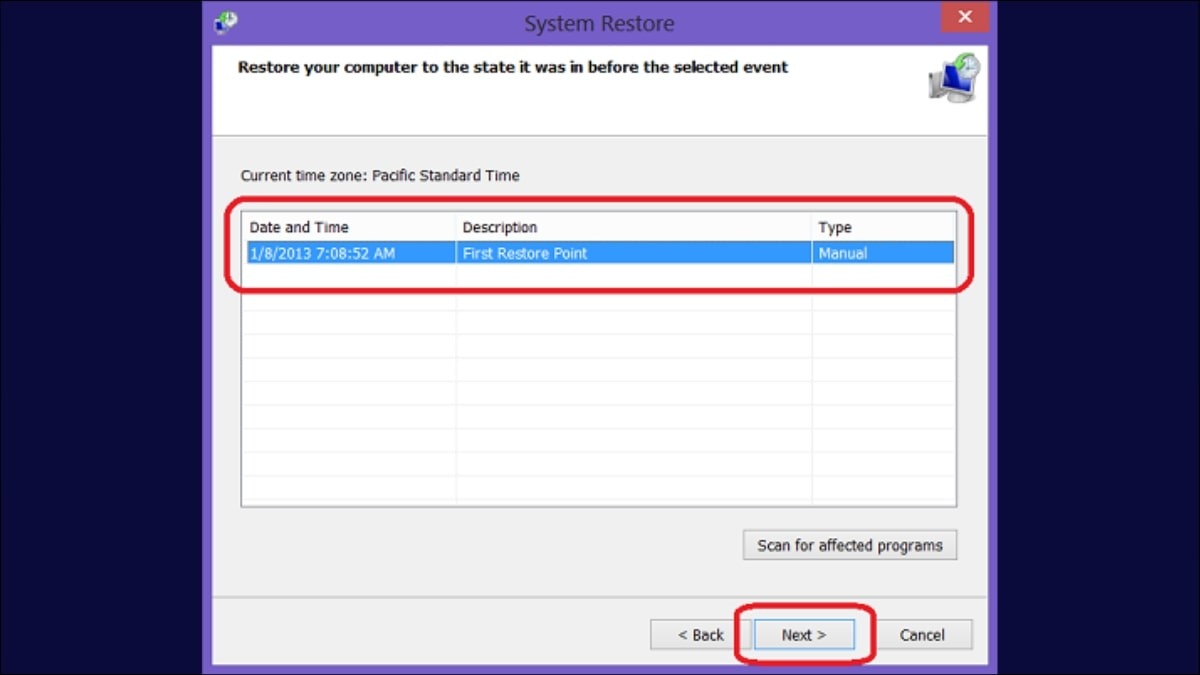 Chọn điểm khôi phục thích hợp, sau đó nhấp Next