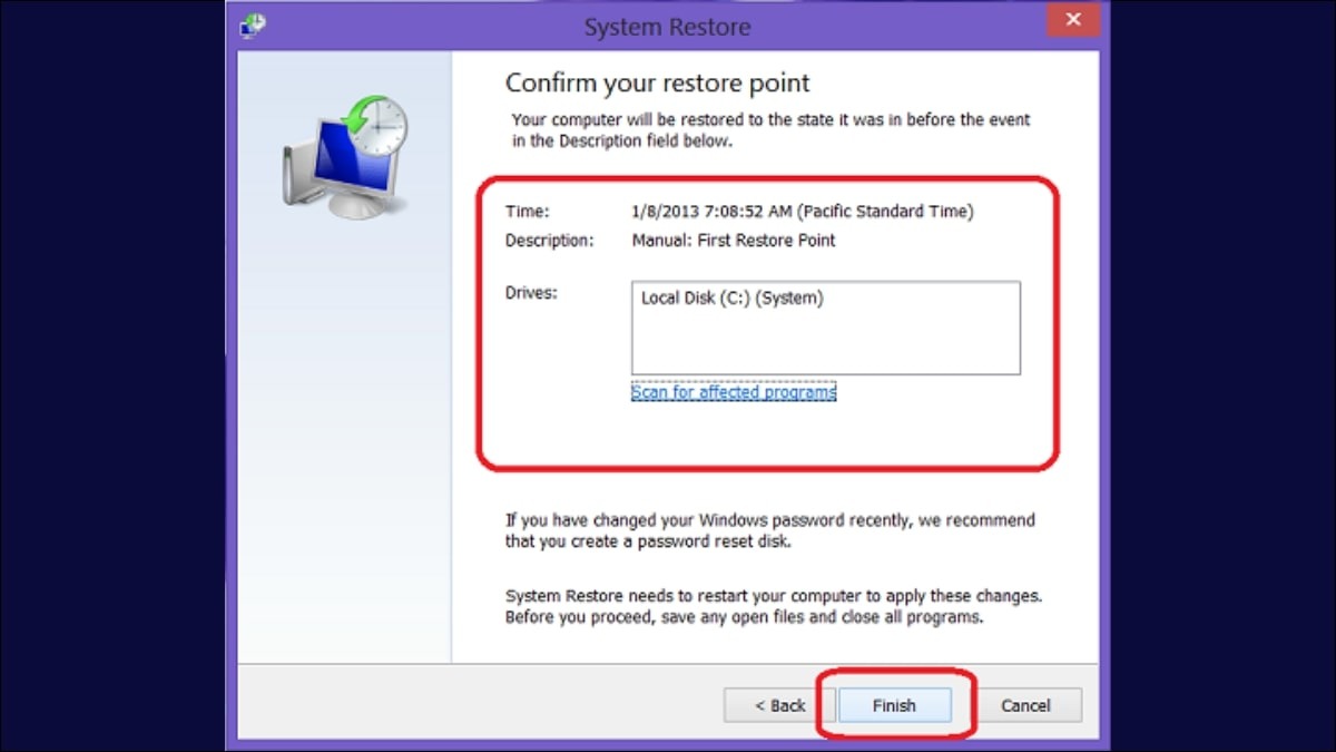 Xác nhận điểm khôi phục và nhấn Finish để bắt đầu khôi phục