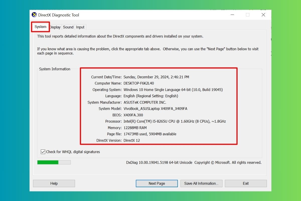 Trong cửa sổ DirectX Diagnostic Tool, bạn sẽ thấy thông tin về CPU ở tab System