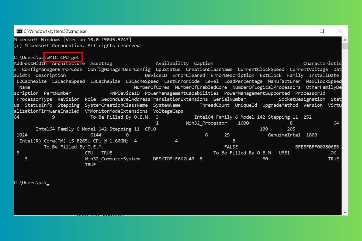 Gõ lệnh WMIC CPU get vào Command Prompt và nhấn Enter