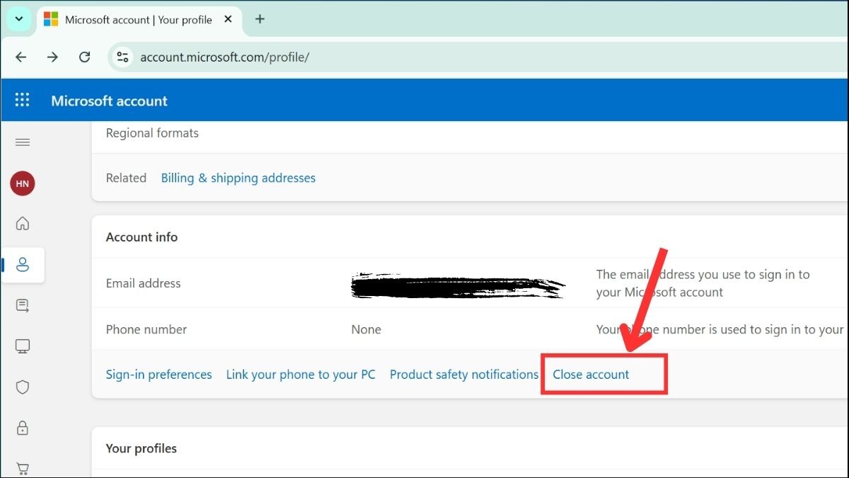 Đăng nhập vào tài khoản Microsoft mà bạn muốn xóa và chọn mục Close your account