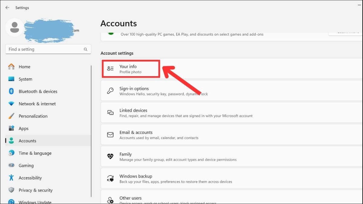 Trong Settings, Chọn mục Accounts > chọn Your info