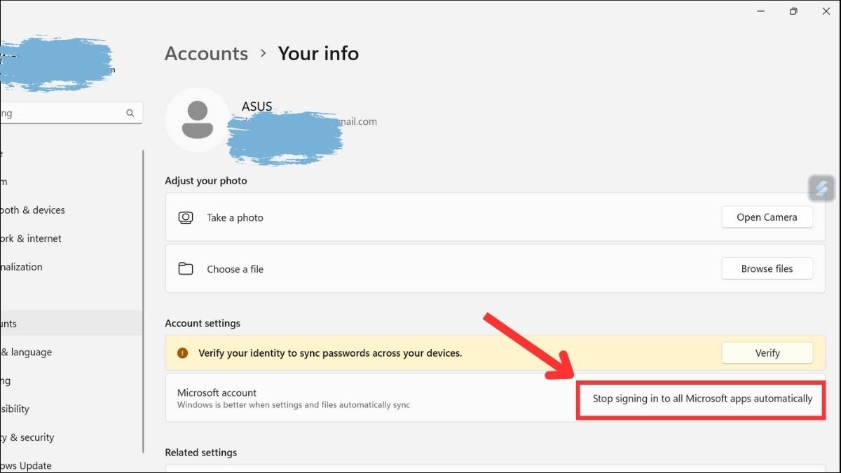 Tìm và chọn tùy chọn Stop signing in to all Microsoft apps automatically