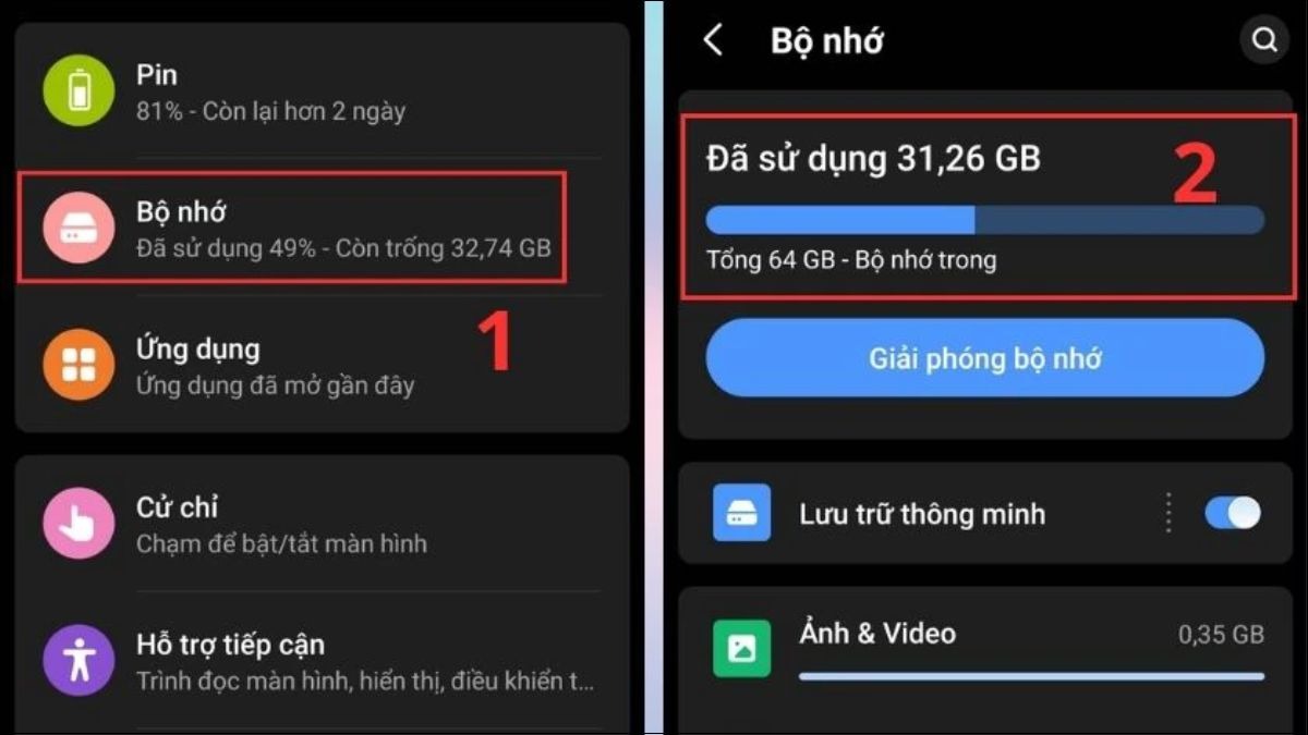Tìm và chọn Bộ nhớ để xem dung lượng điện thoại