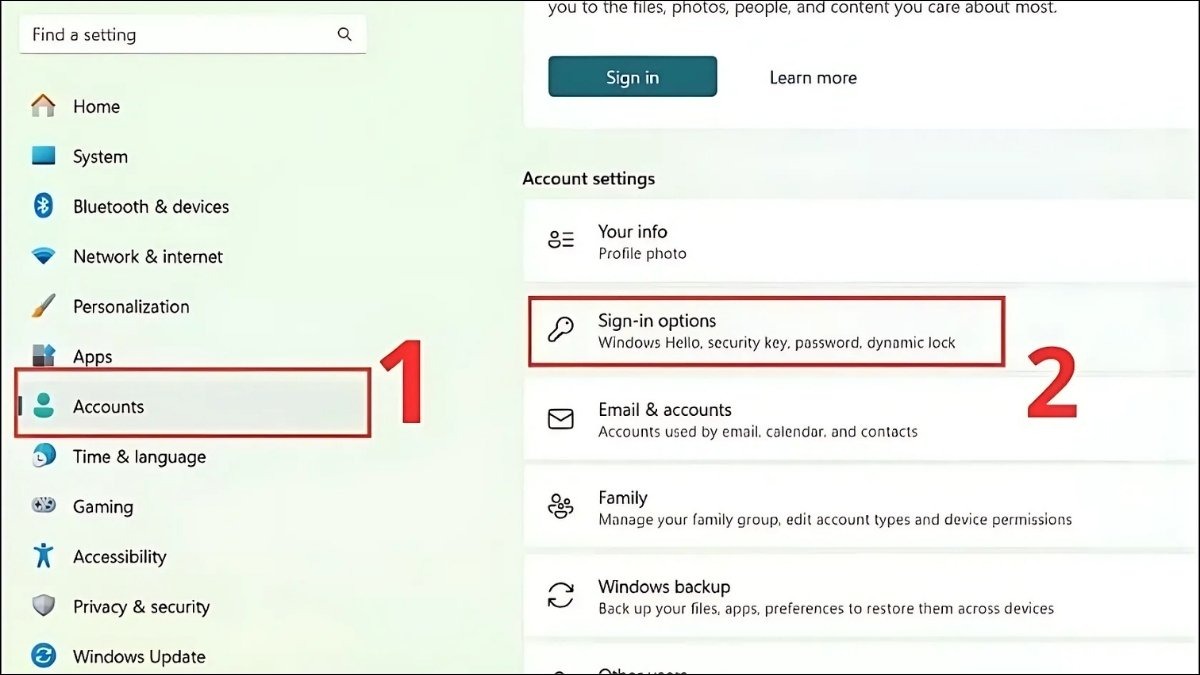 Trong cửa sổ Settings, chọn Accounts > Sign-in options
