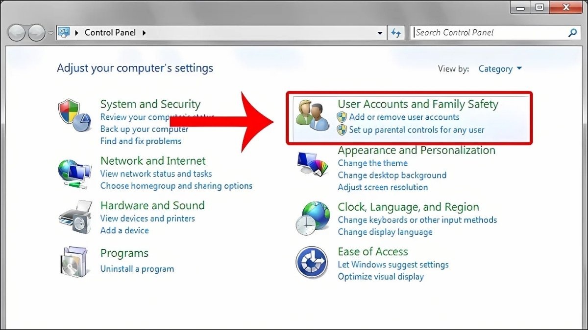 Tìm và chọn User Accounts and Family Safety