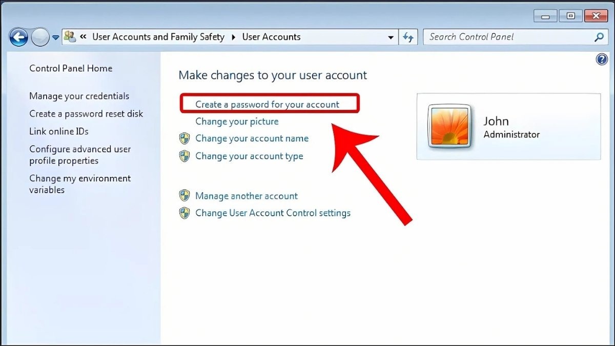 Chọn User Accounts > Create a password for your account