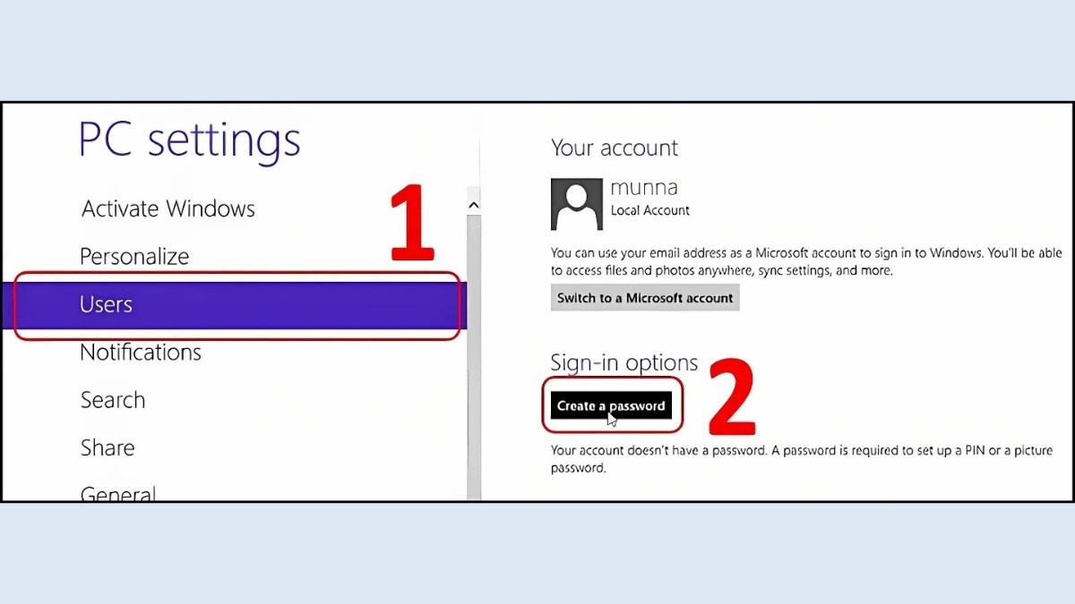 Trong mục Sign-in options, chọn Create a password