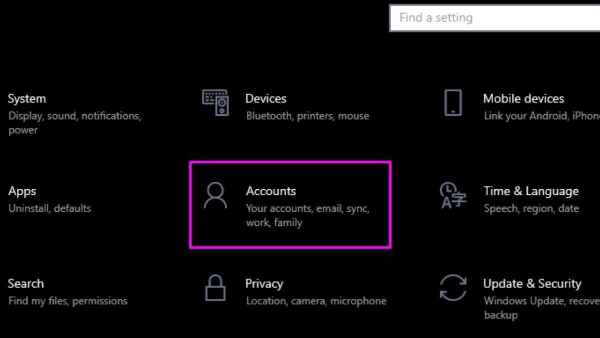 Trong cửa sổ Settings, chọn Accounts