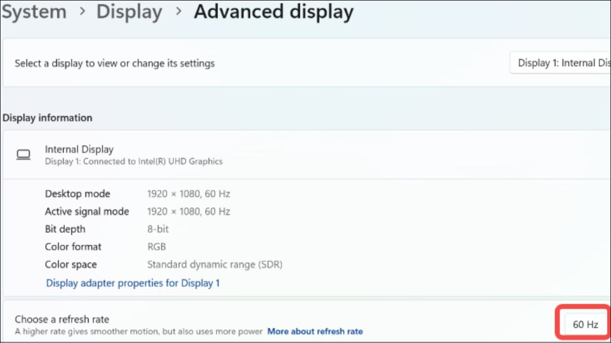 Cài đặt màn hình nâng cao và chọn refresh rate