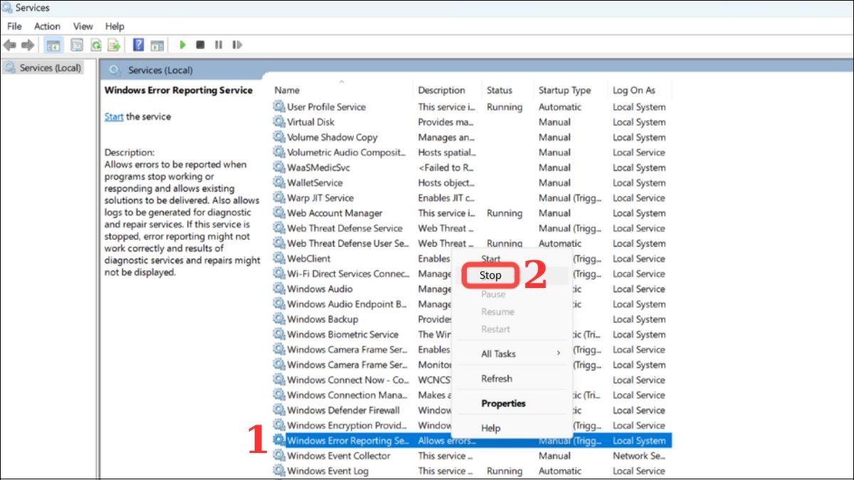 Chọn Windows Error Reporting Service, chọn Stop