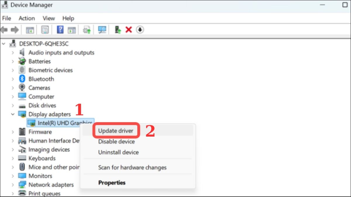 Click chuột phải vào card màn hình và chọn Update driver