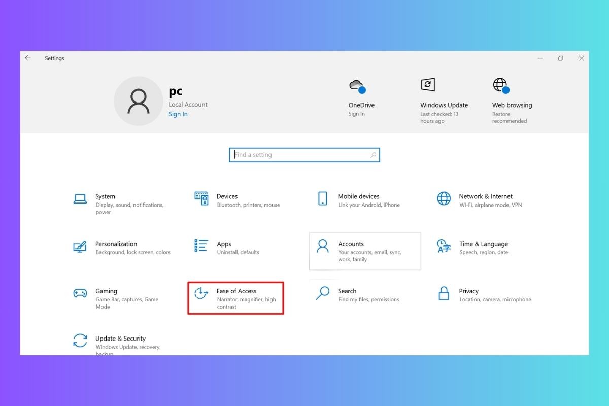 Trong Settings, nhấp vào Ease of Access