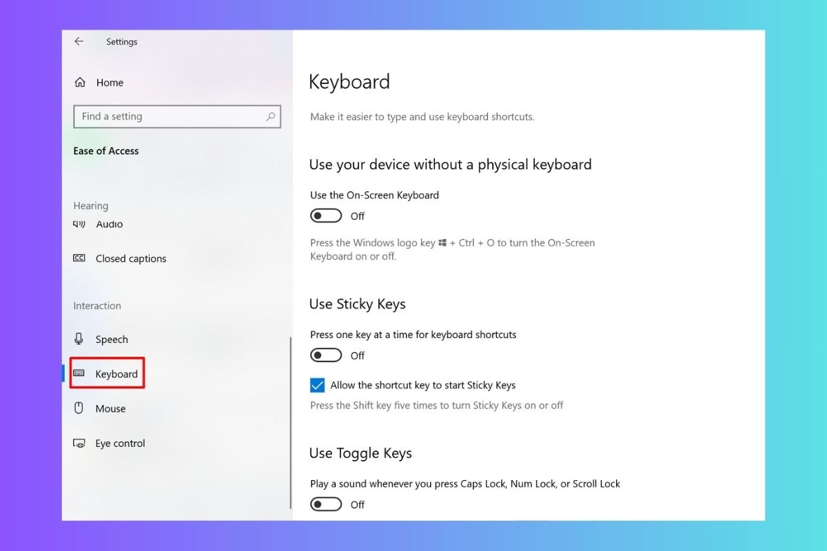 Trong Ease of Access, nhấp vào Keyboard ở menu bên trái