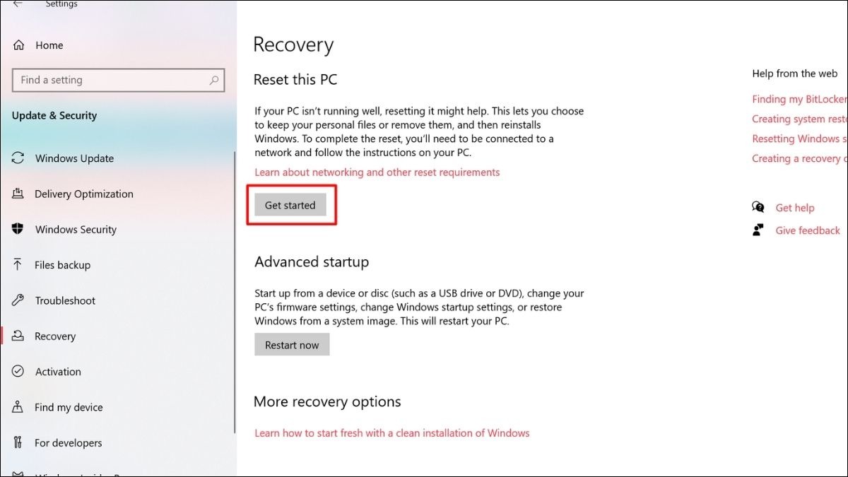 Chọn Get started dưới phần Reset this PC