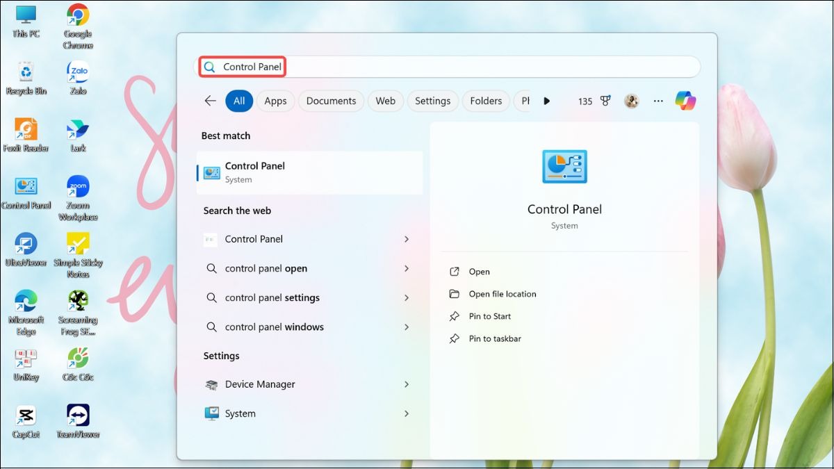 Tìm kiếm và chọn Control Panel