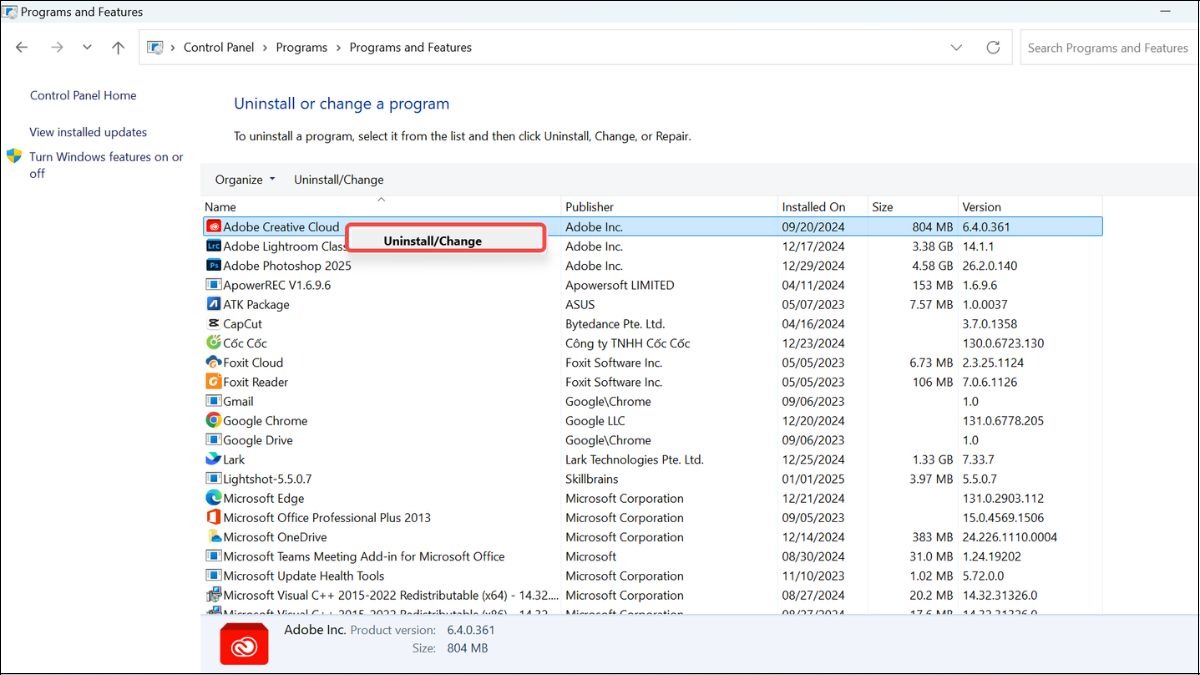 Tìm phần mềm nghi ngờ gây lỗi và chọn Uninstall