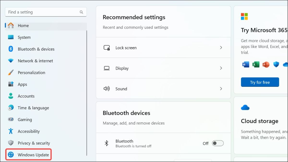 Chọn Windows Update trong Settings