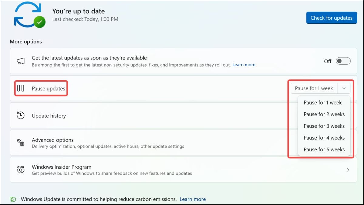 Chọn Pause Updates và chọn thời gian bạn muốn tắt Windows Update