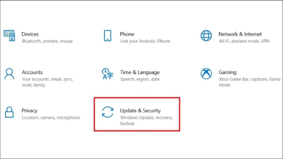 Chọn Update & Security trong Settings