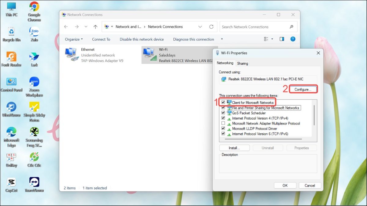 Chọn Client for Microsoft Networks và nhấn Configure