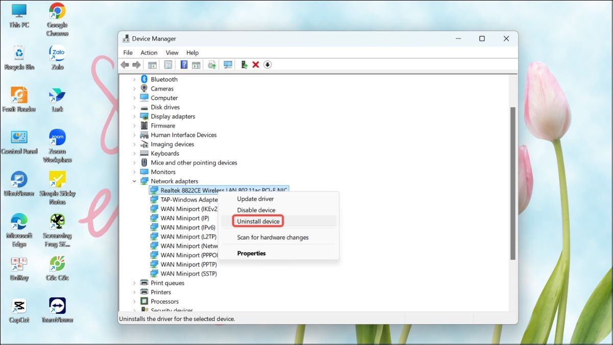 Nhấp chuột phải vào mạng Wifi và chọn Uninstall device