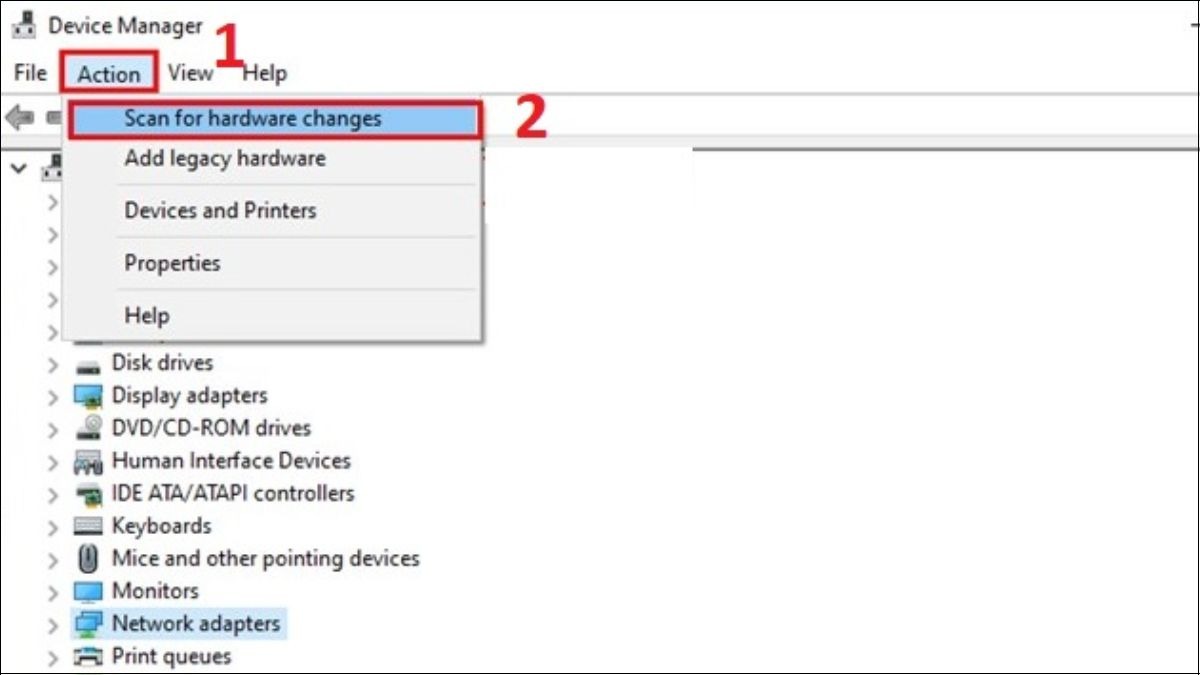 Chọn Action và chọn Scan for hardware changes