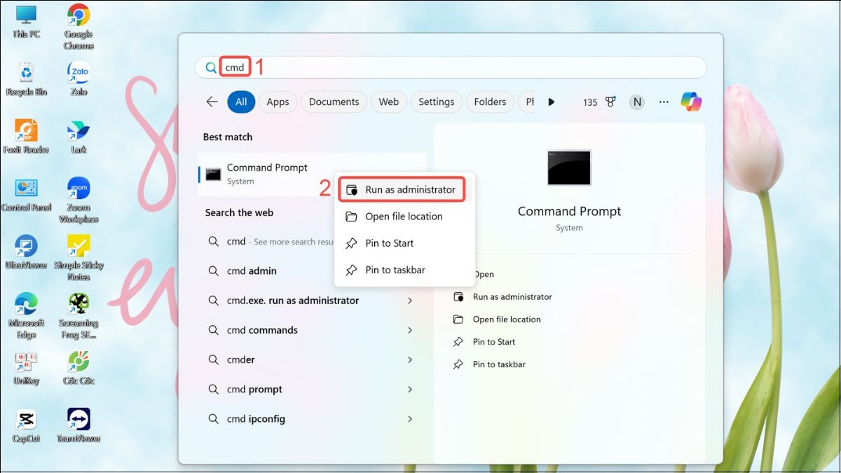 Mở Command Prompt và chọn Run as administrator
