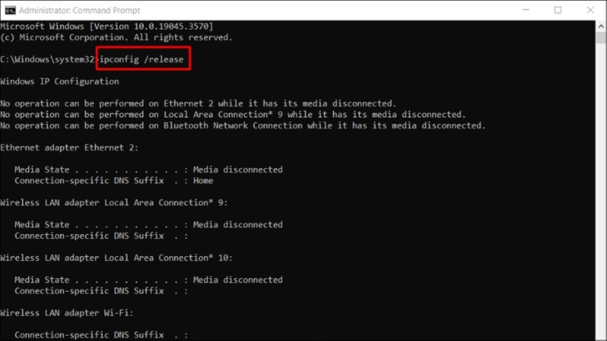 Nhập lệnh ipconfig /release và nhấn Enter