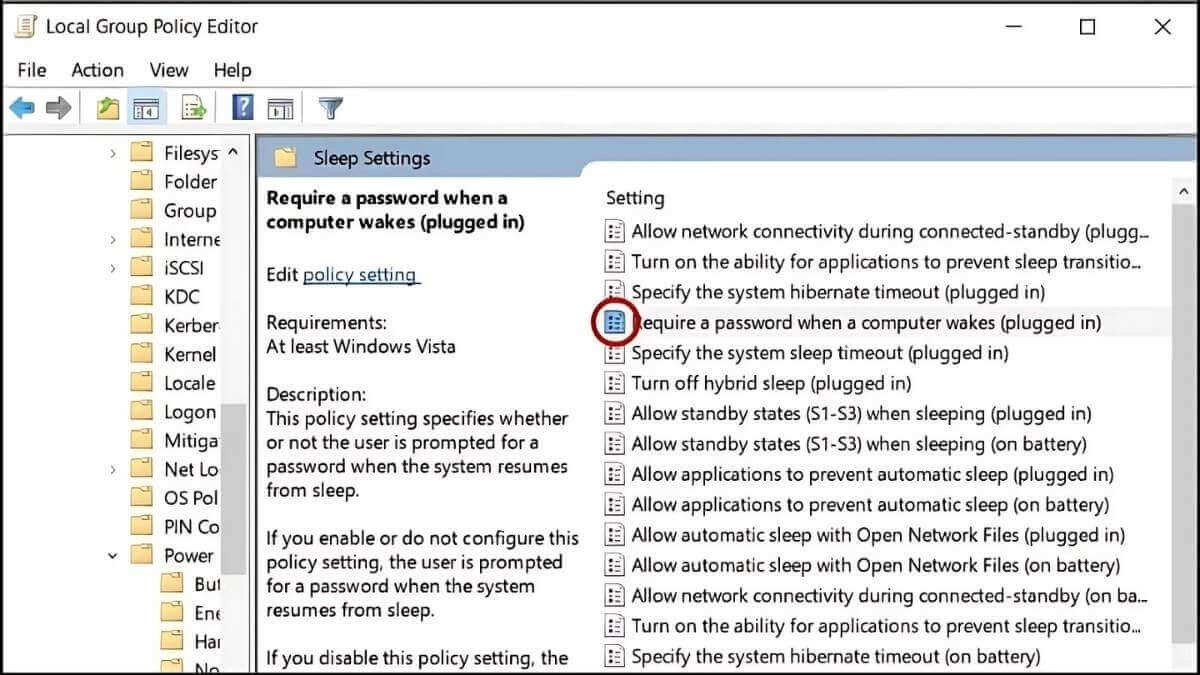 Tìm Require a password when a computer wakes on battery (plugged in) và nhấn Disabled