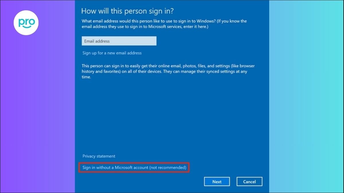 Chọn Sign in without a Microsoft account (not recommended)