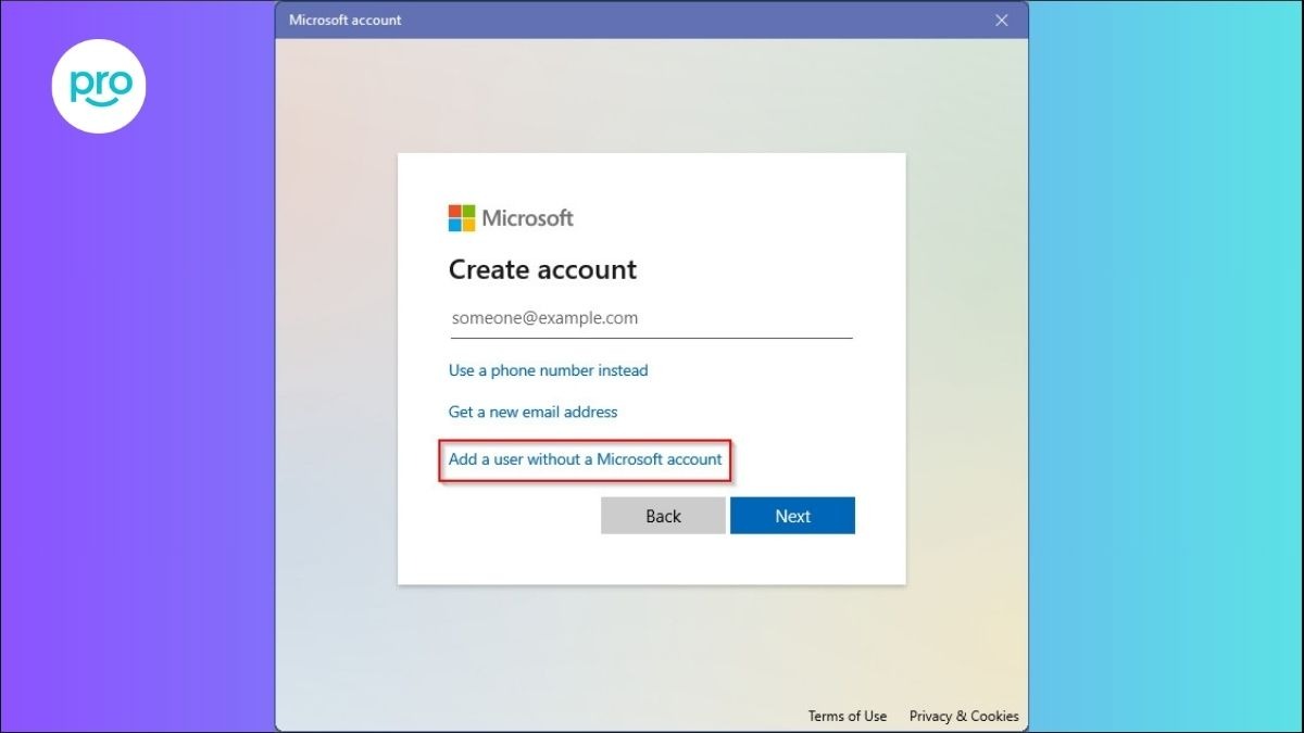 Chọn liên kết Add a user without a Microsoft account