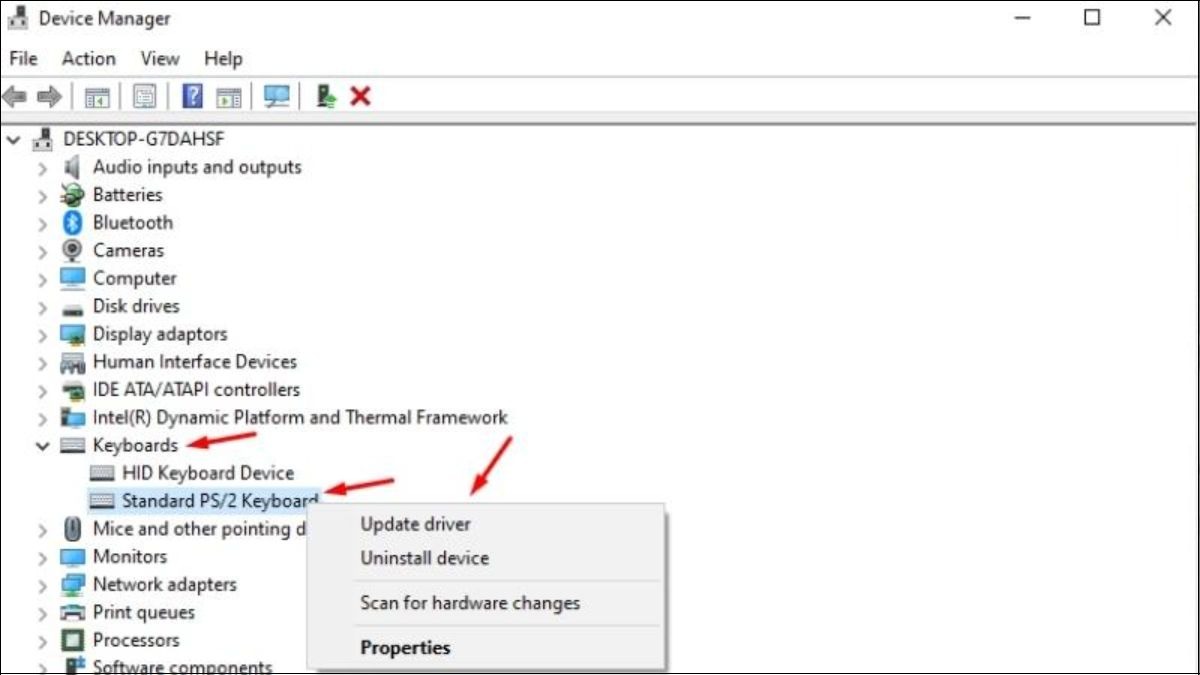 Nhấn chuột phải vào Standard PS/2 Keyboard và chọn Update driver