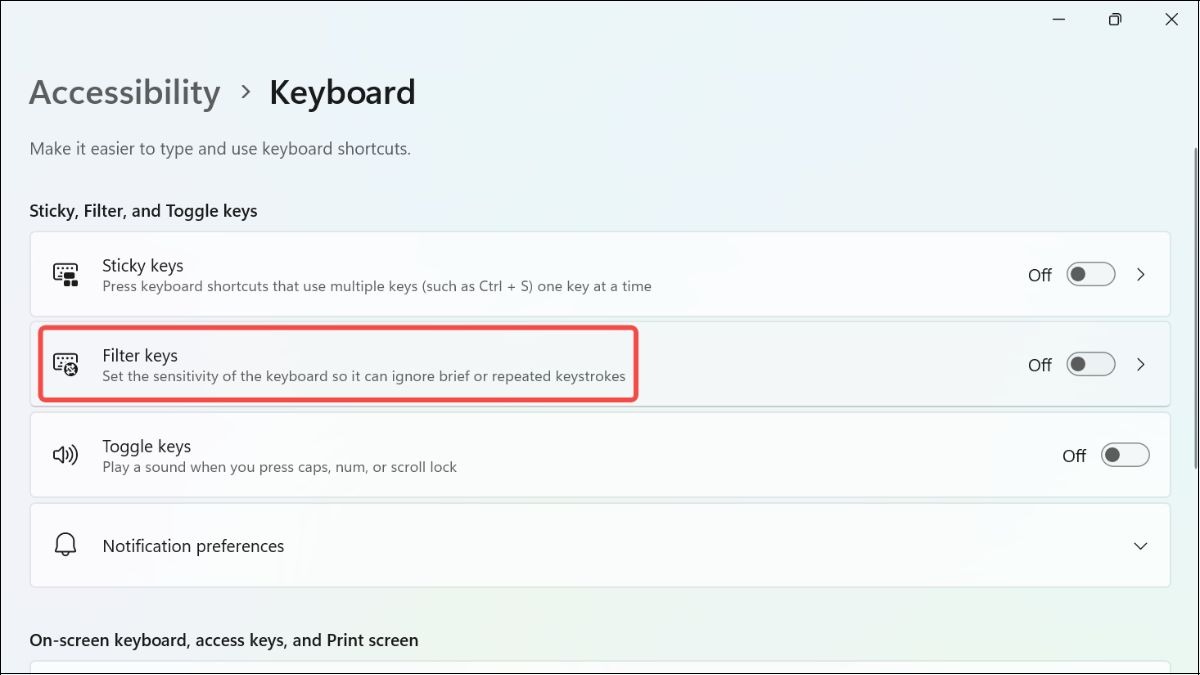 Tìm mục Filter Keys