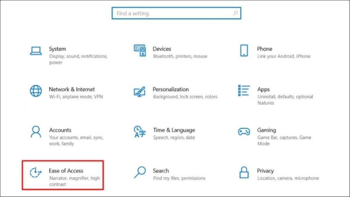 Chọn Ease of Access trong Settings
