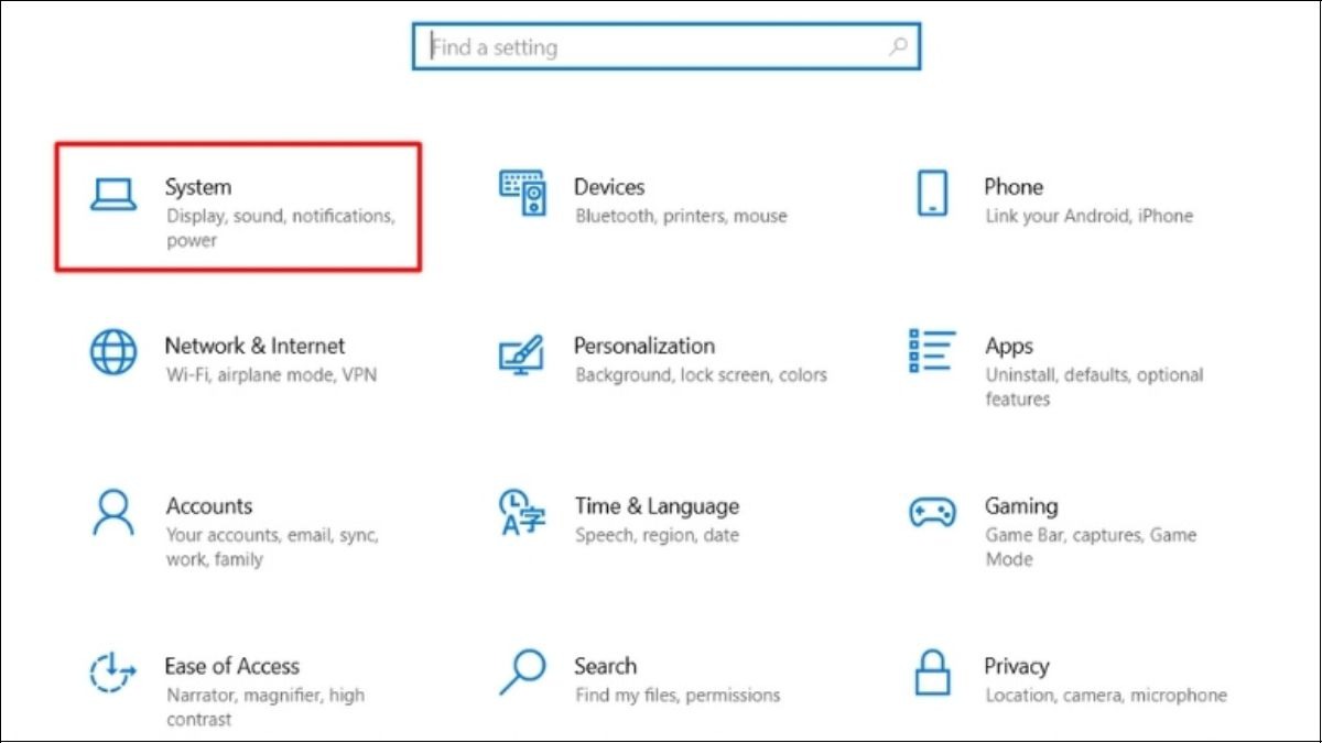 Chọn System trong cửa sổ Settings