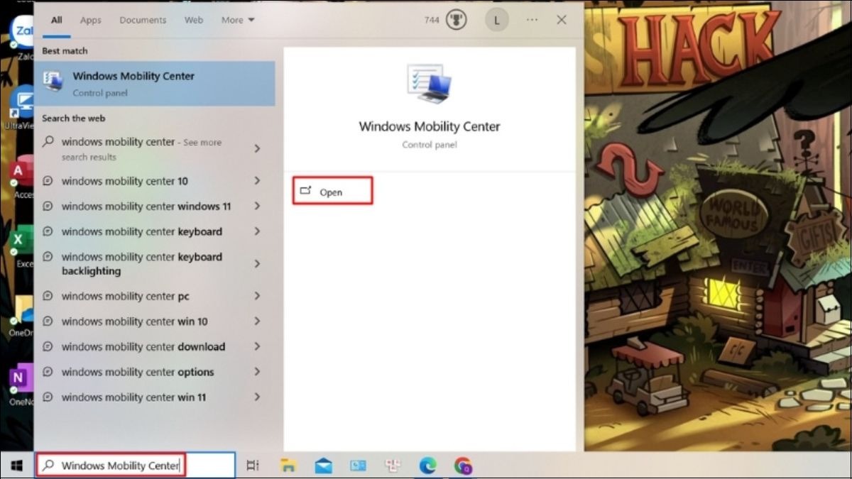 Nhập từ khóa Windows Mobility Center ở thanh tìm kiếm