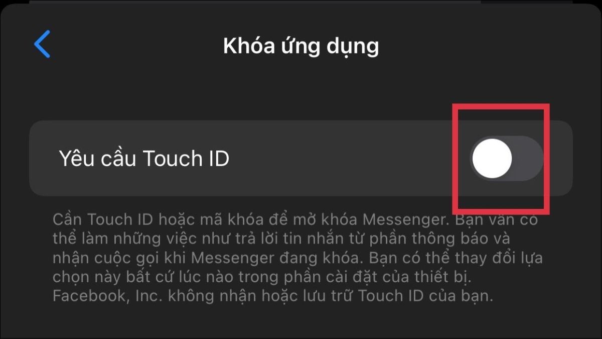 Gạt công tắc ở mục Yêu cầu Touch ID