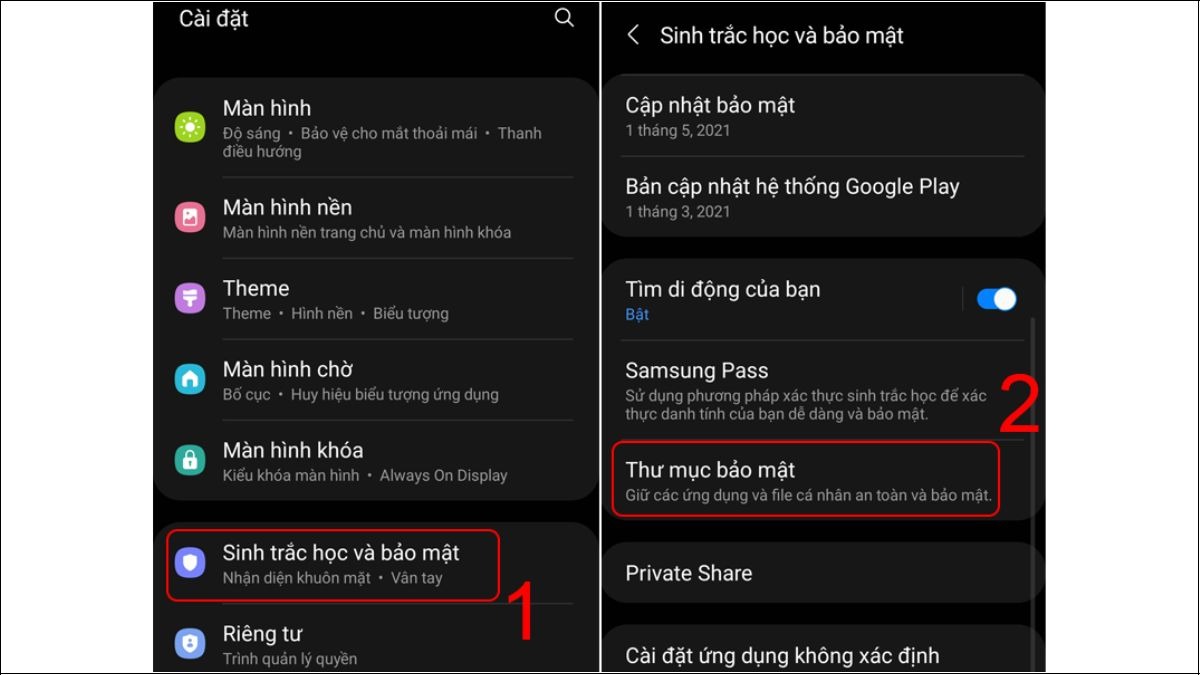 Mở Thư mục bảo mật trong Cài đặt