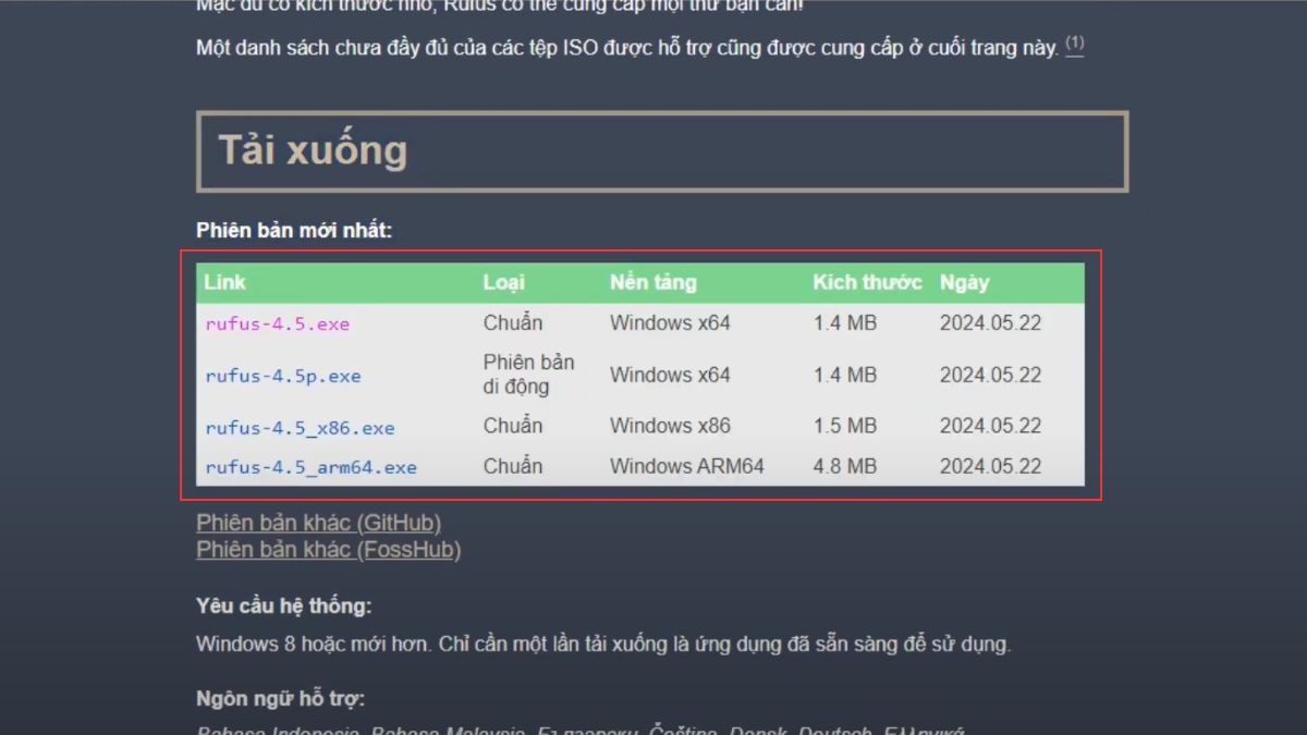 Sử dụng công cụ như Rufus để tạo USB boot từ file ISO vừa tải.