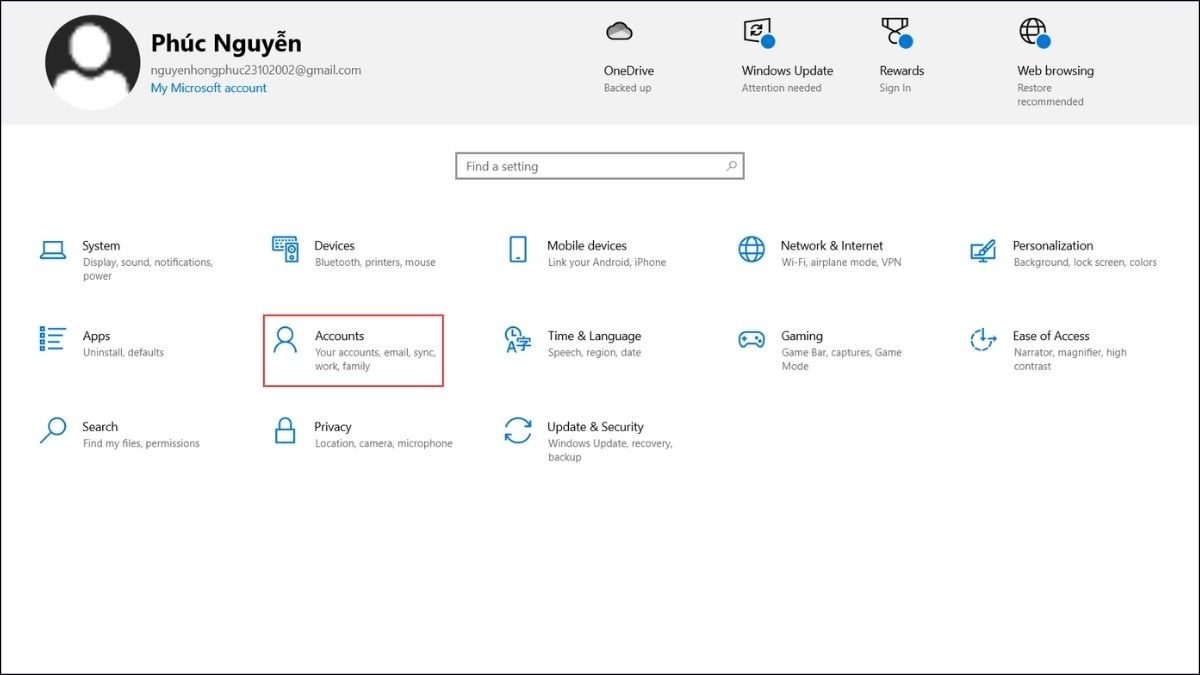 Truy cập vào Settings (Cài đặt) bằng cách nhấn tổ hợp phím Windows + I rồi chọn mục Accounts.