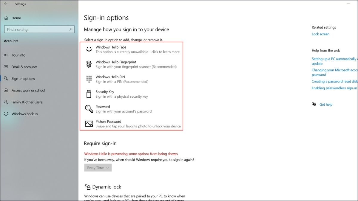 Sau đó, bạn chọn tiếp Sign-in options (Tùy chọn đăng nhập). Tại đây, bạn sẽ thấy các tùy chọn đăng nhập bằng Windows Hello, bao gồm Face (Khuôn mặt), Fingerprint (Vân tay), và PIN.