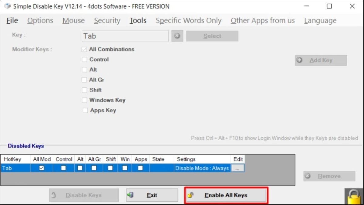 Chọn Enable All Keys để bật lại các phím đã khóa