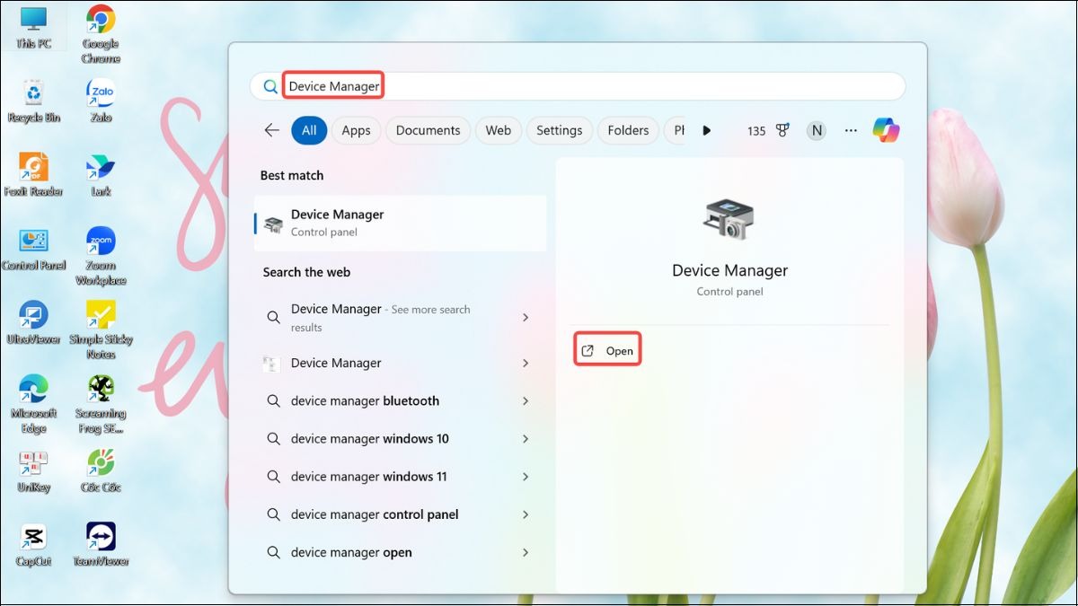Mở Device Manager trên thanh tìm kiếm