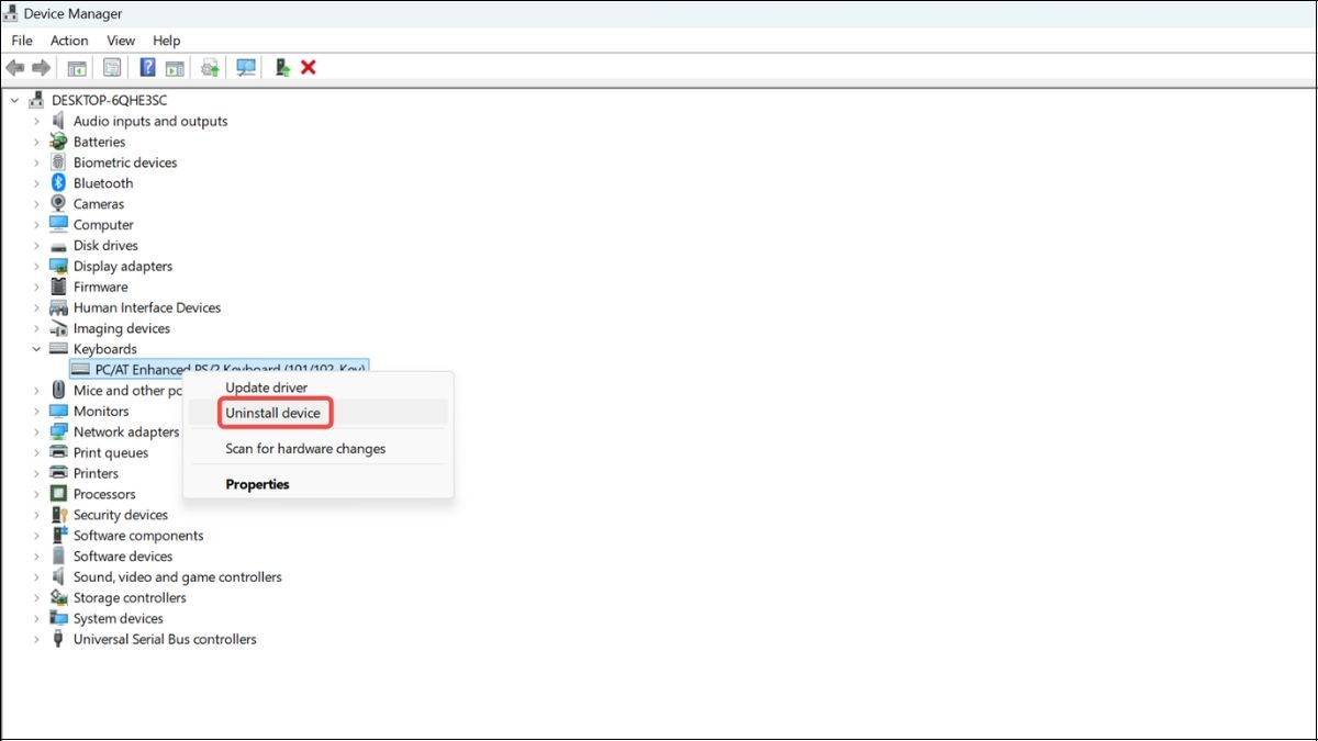Chọn Uninstall device thiết bị mà bạn muốn khóa