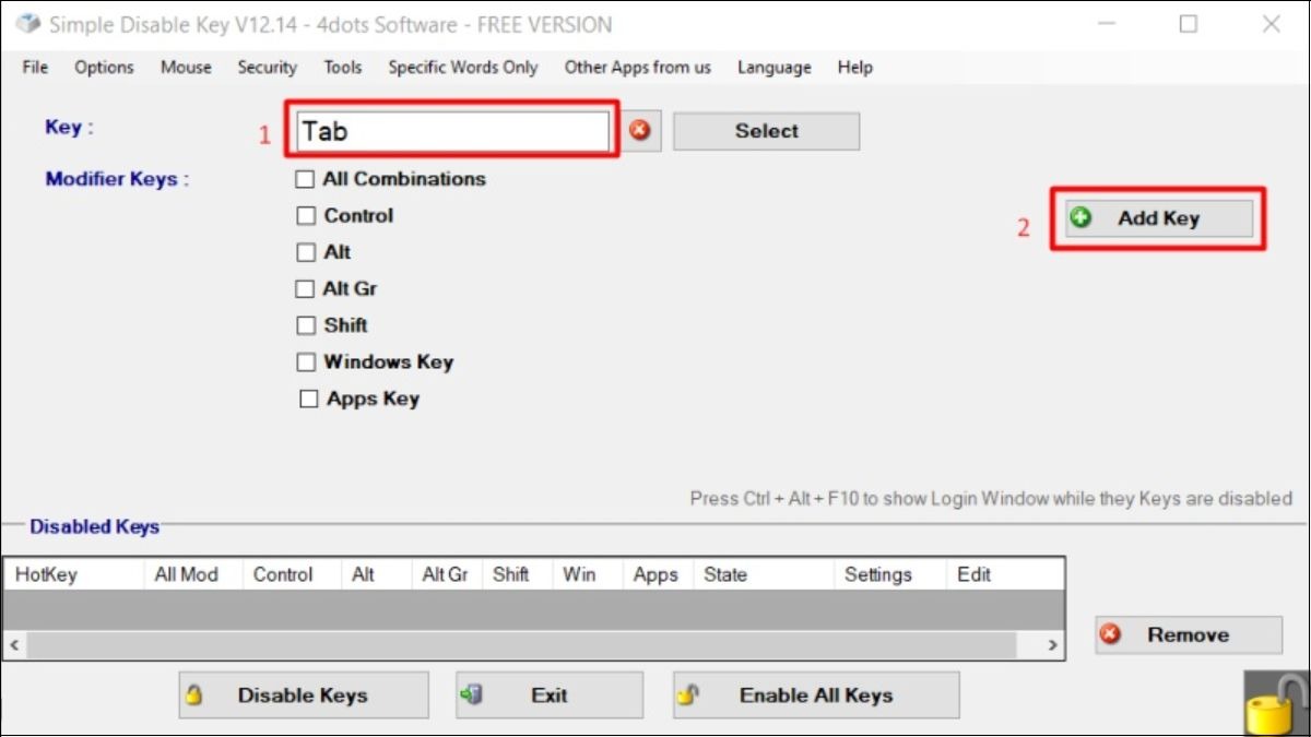 Mở Simple Disable Key và chọn phím bạn muốn khóa trên bàn phím