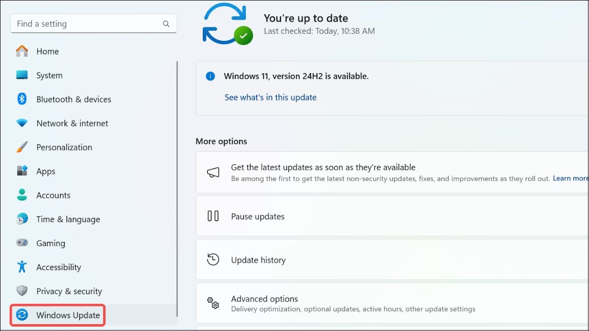 Mở Windows Update trong Settings
