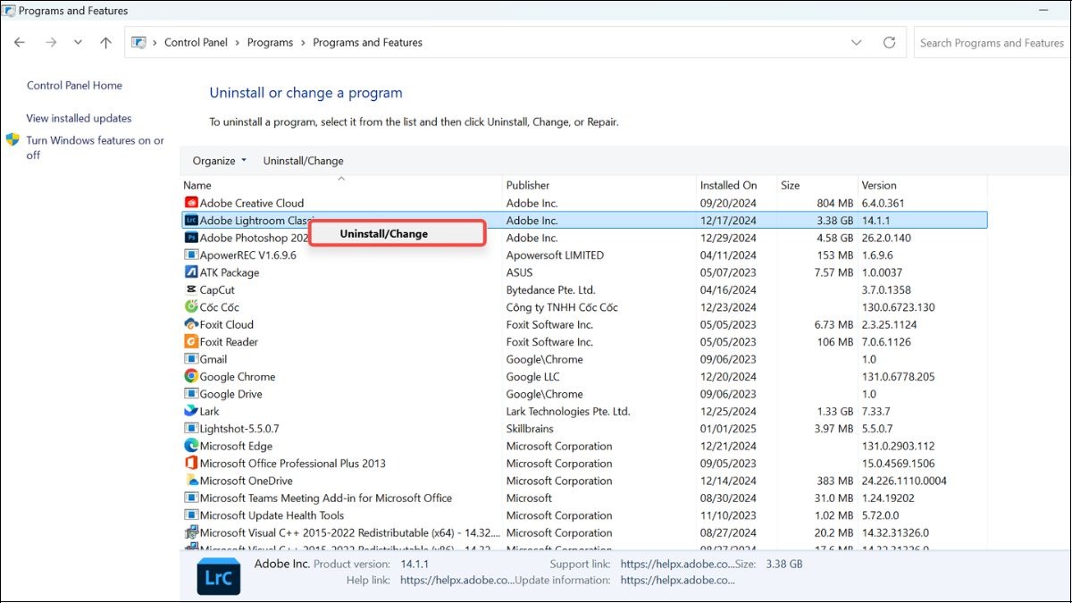 Chọn ứng dụng cần gỡ > Uninstall