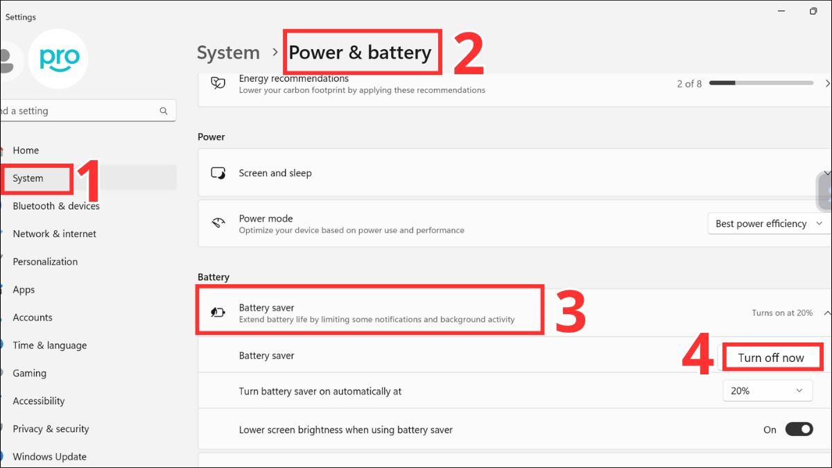 Mở Settings > System > Power & battery > Battery sever > Turn off now để tắt chế độ tiết kiệm pin