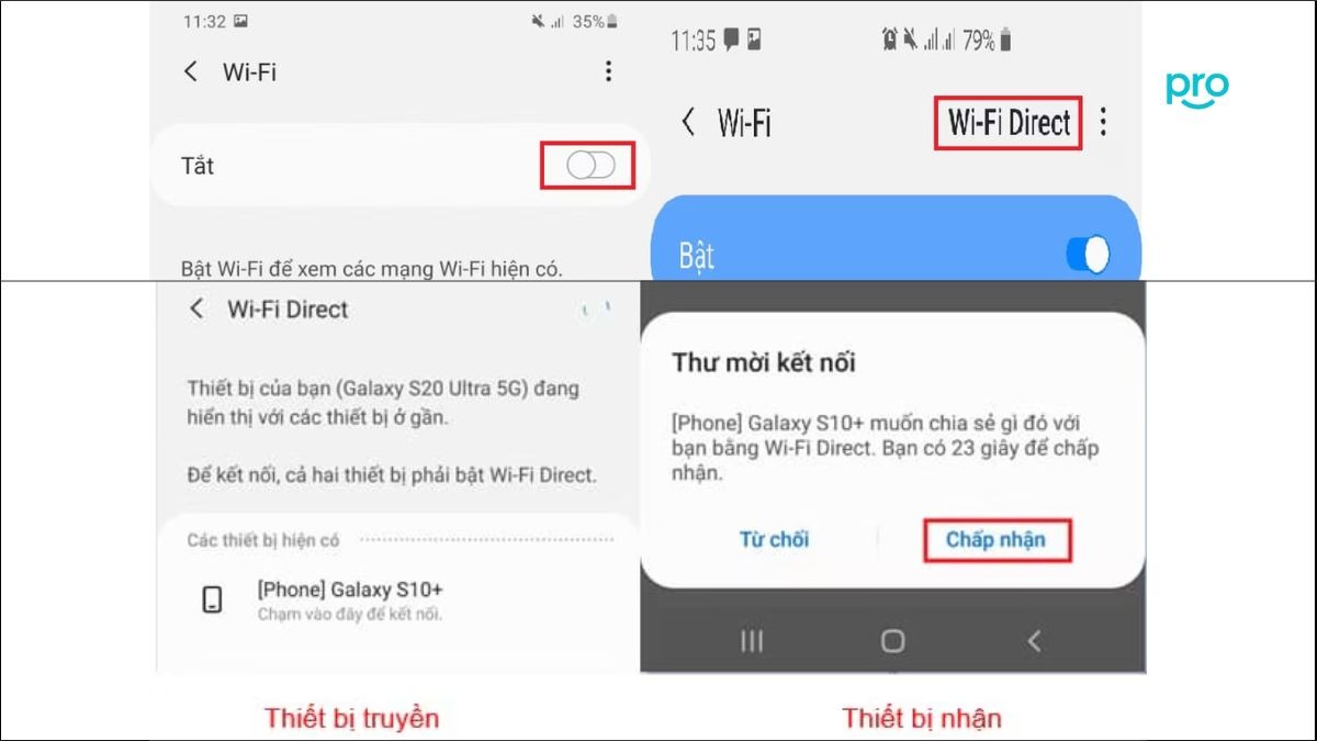 Mở Cài đặt > Kết nối > Wi-Fi > Wi-Fi Direct. Sau đó chọn thiết bị bạn muốn kết nối và xác nhận 